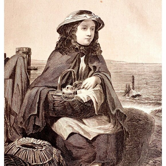 Girl At Docks Waits For Father Steel Engraving 1859 Victorian Nautical Art DWY5D - Picture 1 of 2